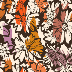 Floral seamless pattern. Hand drawn large flower buds. Brush strokes. Botanical background. Summer garden texture.