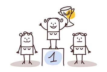 Cartoon Business Women, the Winner one the podium