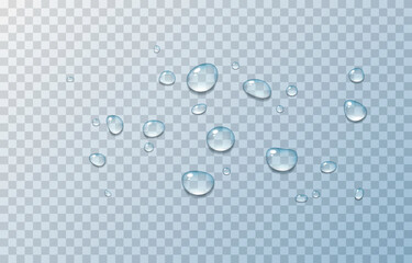 Vector water drops. PNG drops, condensation on the window, on the surface. Realistic drops on an isolated transparent background.