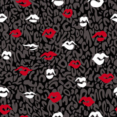 Red lips seamless pattern. Doodle lip kiss background. Retro fashion glamour print with spotted leopard skin texture.