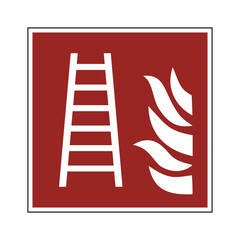 Fire ladder sign. Fire safety warning sign. Vector illustration of red square board with ladder and fire flames inside. Fire protection symbol isolated on white background.