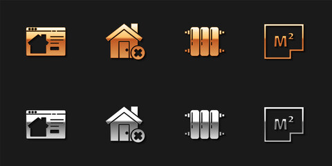 Set Online real estate house, House with wrong mark, Heating radiator and plan icon. Vector