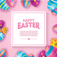 Pink Happy Easter Card with Colorful Eggs. Easter Day Celebration Vector illustration.