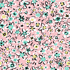 Ditsy flower seamless pattern. Simple floral texture. Flower silhouettes. Different meadow plants. Summer botanical background. For fabric and texture,