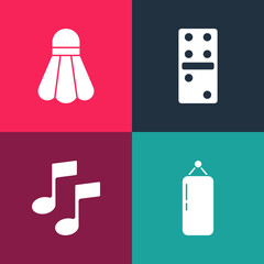 Set pop art Punching bag, Music note, tone, Domino and Badminton shuttlecock icon. Vector