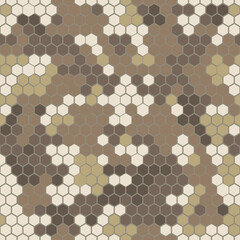 Camouflage seamless pattern. Abstract camo. Military texture. Endless pattern of desert color hexagonal elements. Print on fabric on textiles. Vector graphics