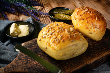 Tasty buns with cheese and sunflower seeds.