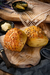 Tasty buns with cheese and sunflower seeds.