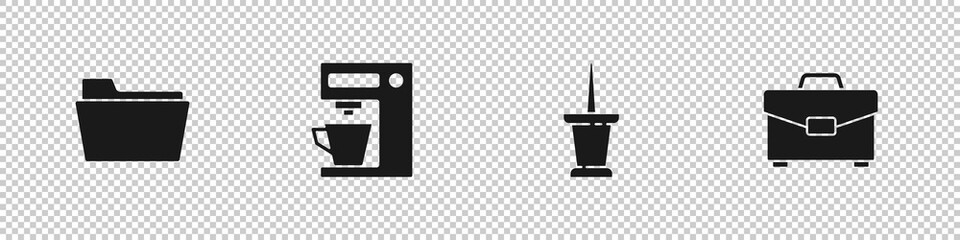 Set Document folder, Coffee machine, Push pin and Briefcase icon. Vector
