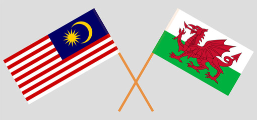 Crossed flags of Malaysia and Wales. Official colors. Correct proportion