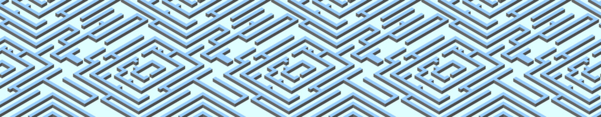 Panorama of isometric maze on light blue background. Banner Labyrinth panoramic view.