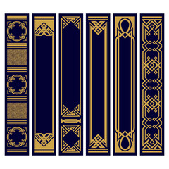 Spine books design template set. Old narrow vertical frames. Art Deco style design. Geometric pattern.