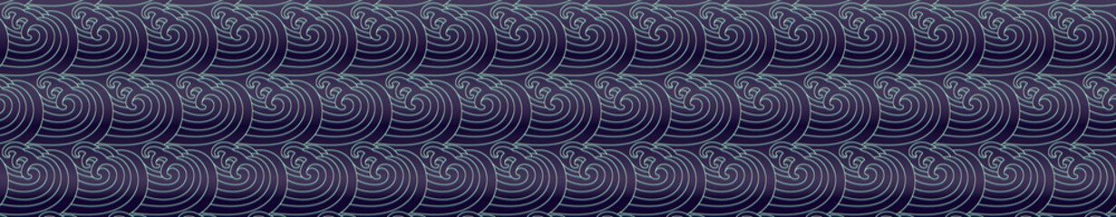 Fototapeta na wymiar Panorama of drawn waves pattern. Light lines and swirls on a dark blue background. Horizontal border. Patterned backdrop banner panorama.