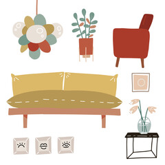 Sofa, armchair, coffee table, houseplants, vase, lamp and wall pictures- Interior elements set. Details of cozy home in scandinavian hygge style. Flat hand drawn vector graphic.