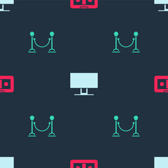 Set VHS video cassette tape, Smart Tv and Rope barrier on seamless pattern. Vector