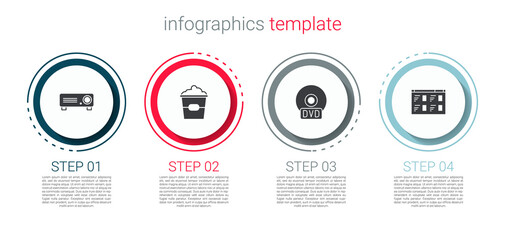Fototapeta premium Set Movie, film, media projector, Popcorn in box, CD DVD disk and Online play video. Business infographic template. Vector