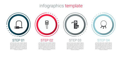 Set Bicycle lock, Car key with remote, Digital door and Bunch of keys. Business infographic template. Vector