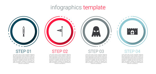 Set Medieval sword, flag, Executioner mask and castle gate. Business infographic template. Vector