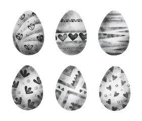 Set of black and white easter eggs decorated with pattern in hand printing technique isolated on white background