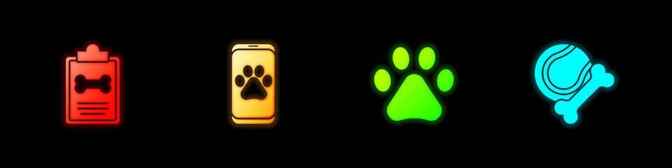 Set Clinical record pet, Veterinary clinic, Paw print and Pet toys bone rubber and ball icon. Vector