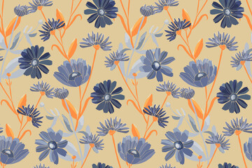 Vector floral seamless pattern. Blue flowers isolated on a beige background. Watercolor style.