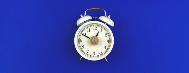 Timeis money concept banner with coin and alarm clock, copy space
