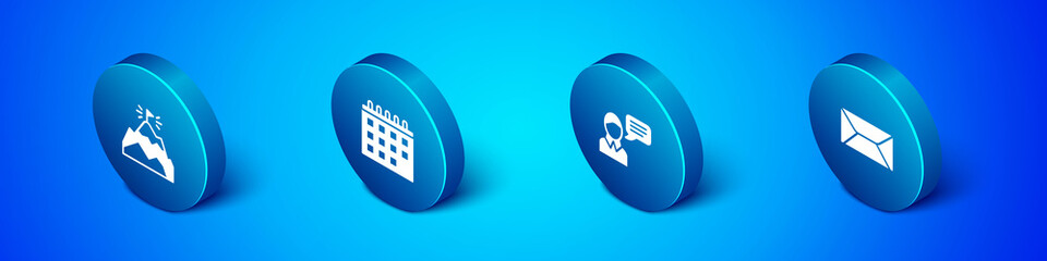 Set Isometric Mountains with flag, Speech bubble chat, Envelope and Calendar icon. Vector