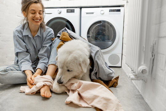 Woman with dog having fun in the laundry room at home