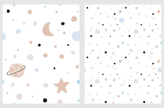 Fototapeta Cute Cosmos Seamless Vector Patterns. Irregular Hand Drawn Galaxy Print. Childish Endless Texture. Infantile Style Cosmos with Little Stars, Moon and Planets Isolated on a White Background.