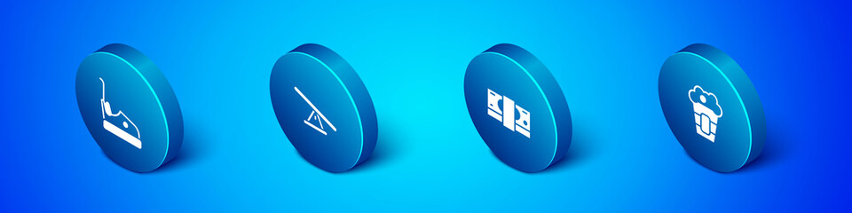 Set Isometric Bumper car, Stacks paper money cash, Popcorn in box and Seesaw icon. Vector