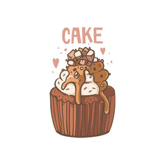 Cream cupcake with chocolate chips and nuts. A beautiful confection. Festive pastries, sweets. Elegant line drawing and abstract spots. Postcard design, banner. Vector illustration in hand-drawn style