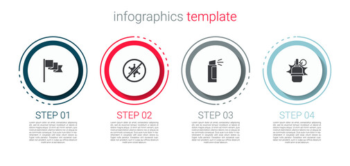 Set Location marker, Protest, Pepper spray and Hand grenade. Business infographic template. Vector