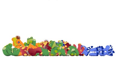 3d illustration of several stuffed animals falling to the ground, piling up. With vivid colors on a white background.