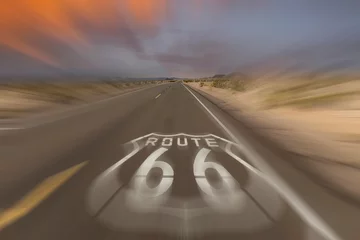 Poster Historic Route 66 pavement sign with motion blury near Amboy in the California Mojave desert.   © trekandphoto