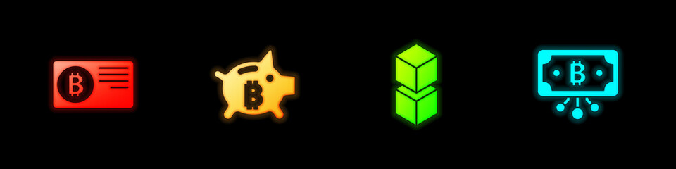 Set Credit card with bitcoin, Piggy bank, Blockchain technology and Bitcoin circuit icon. Vector