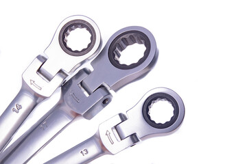 Flat wrenches with a ratchet for workshop work. Accessories for workshop mechanics.