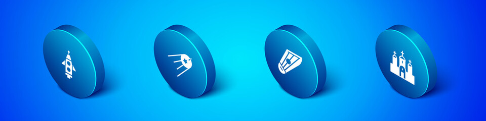 Set Isometric Rocket ship, Kankles, Church building and Satellite icon. Vector