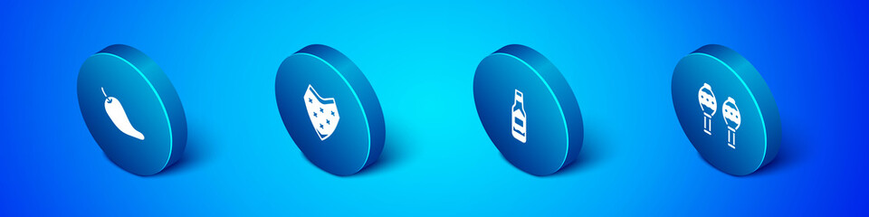 Set Isometric Hot chili pepper pod, Tabasco sauce, Maracas and Poncho icon. Vector