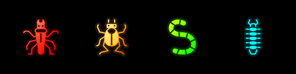 Set Termite, Beetle bug, Worm and Centipede icon. Vector