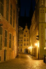 Fototapeta na wymiar Gdansk, night, historic, tourist Polish city, evening sightseeing,