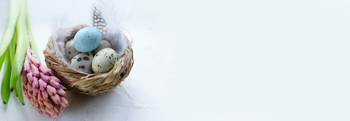 Colorful Easter eggs in the small nest with feathers and a hyacinth flower on a light background. Copy space. Banner. The Easter concept. Happy Easter