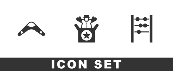 Set Boomerang, Jack in the box toy and Abacus icon. Vector