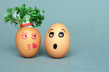 Two Eggs One With Cress As Hair Showing Love For A Bold Egg