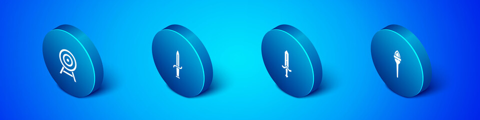 Set Isometric Target with arrow, Medieval sword, Torch flame and Dagger icon. Vector