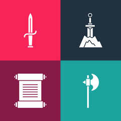 Set pop art Medieval axe, Decree, parchment, scroll, Sword in the stone and Dagger icon. Vector