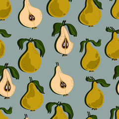 Pears with leaves, whole and chopped. Pear vector seamless pattern. Background for wallpaper, fabric, paper, scrapbooking, menu and packaging
