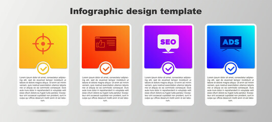Set Target sport, Browser window, SEO optimization and Advertising. Business infographic template. Vector