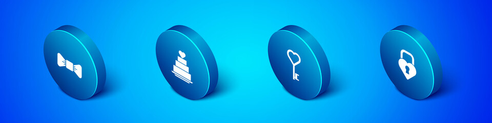 Set Isometric Bow tie, Key in heart shape, Castle the of and Wedding cake with icon. Vector