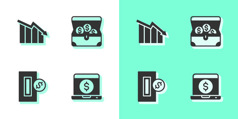 Set Laptop with dollar, Financial growth decrease, Inserting coin and Treasure chest icon. Vector