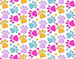 Seamless pattern with colorful pets paws. Cat or dog footprint outline cute childish bright background with hearts on white. Animal backdrop for pet shop, vet, children textile design, paper, fabric